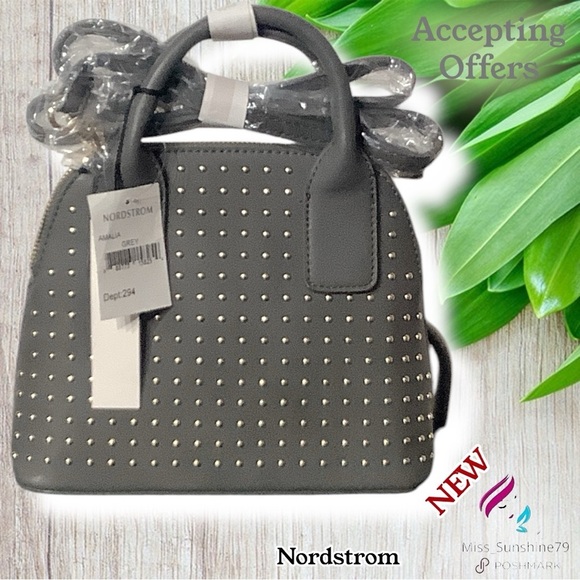 Nordstrom NEW - timeless Gray, gold Studded handbag with carry straps - Picture 1 of 7
